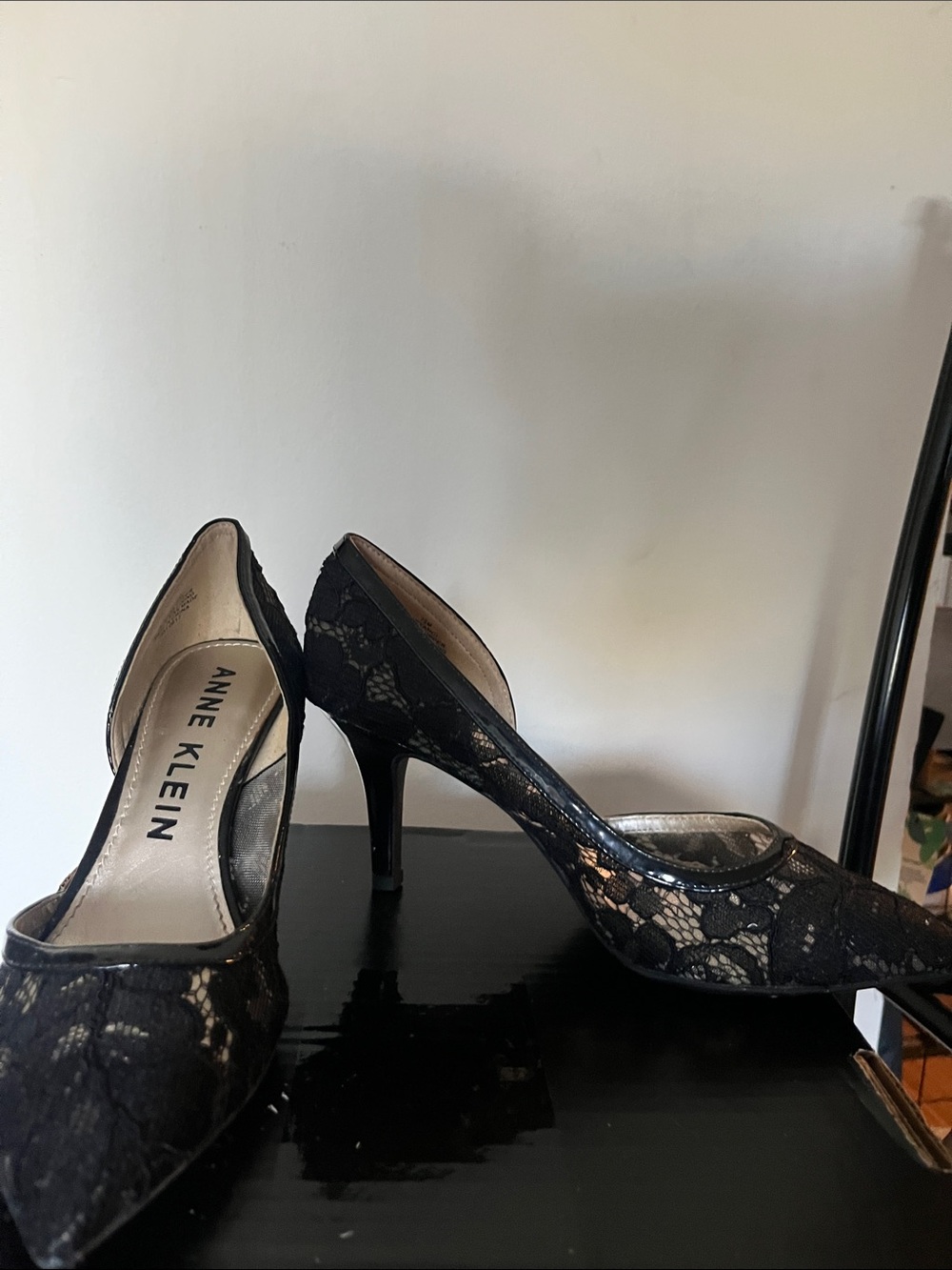 Anne Klein Black Lace Pointed Pumps with Sheer Overlay